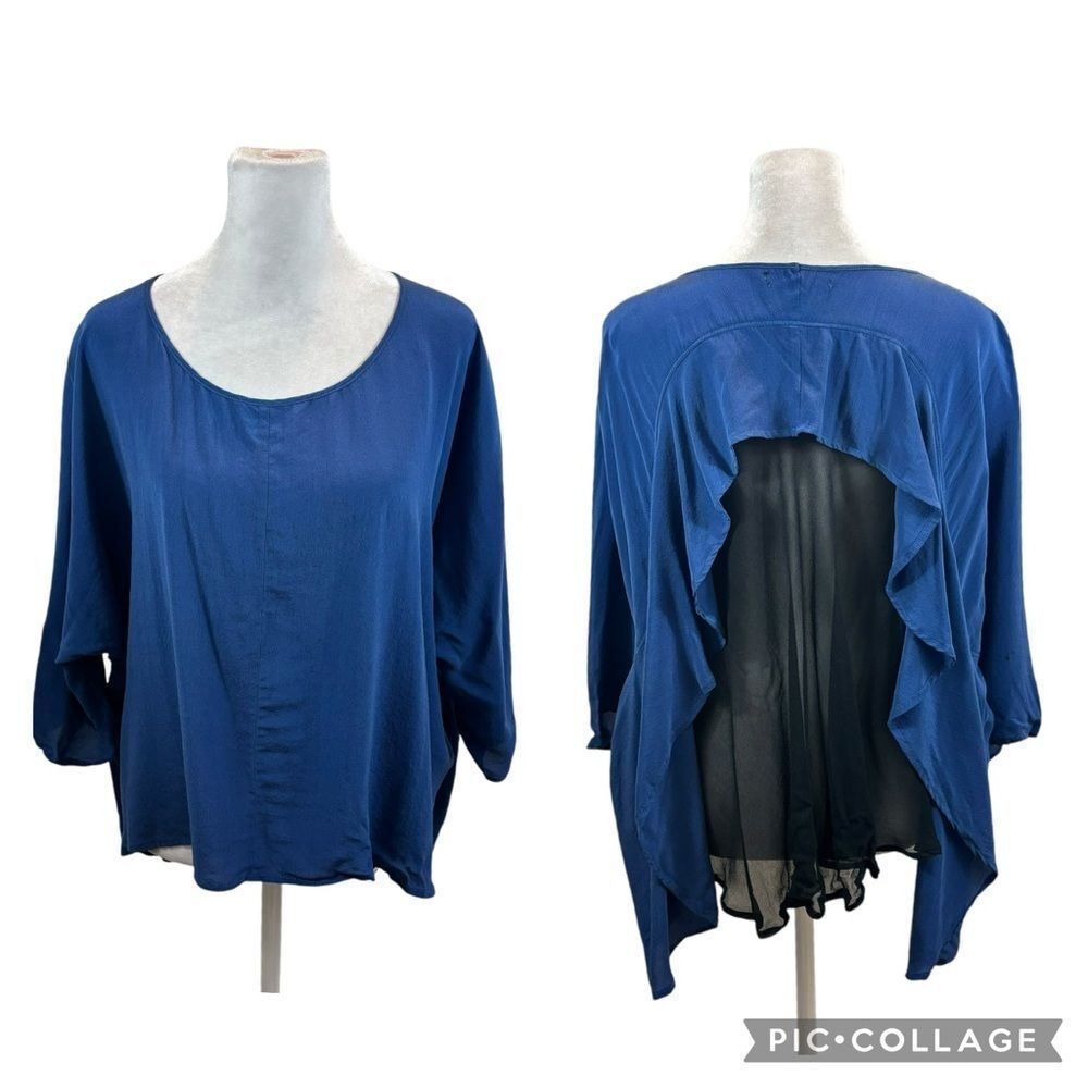 Ladies‎ Silk Blue and Black Sheer Back Long Sleeve Blouse Size Medium